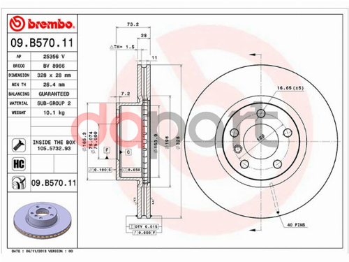 Диск тормозной передний BMW БМВ X3 Х3 f25 10- / x4 f26 14- brembo 09b57011